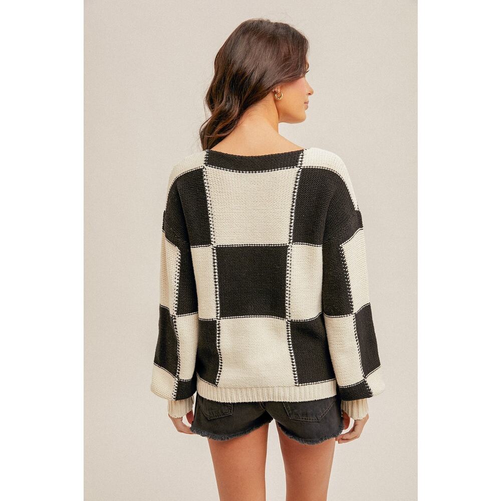 Checker Print Boat Neck Bubble Sleeve Sweater - Picture 3 of 3